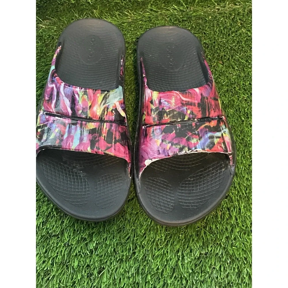 Oofos Brush Fade Sandals Recover Shoes Slides Black Purple M6/W8*